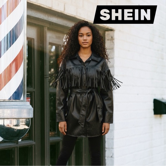 Vintage style SHEIN Black Faux Leather Fringe Belted Jacket - Picture 7 of 16